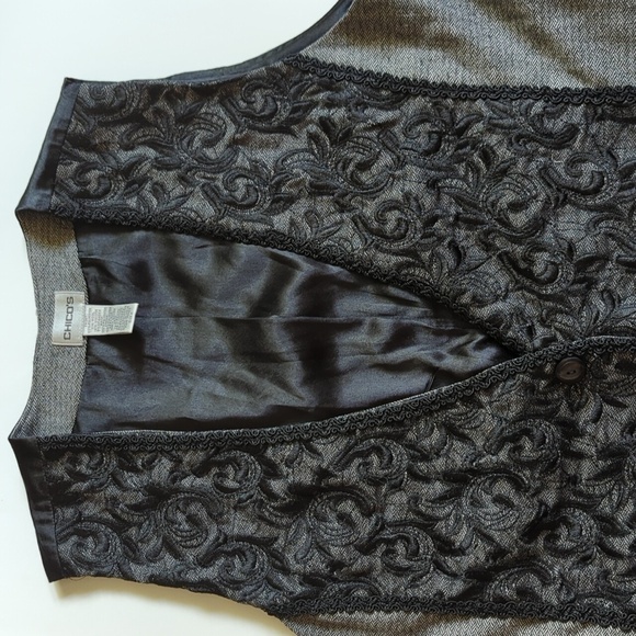 Chico's Vintage Vest Wool Black Embroidered Academia Size 2 Y2K Preppy Grunge - Picture 2 of 13